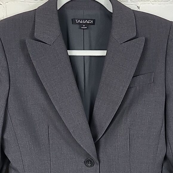 NEW TAHARI Ruched Single-Breasted Blazer Notch Collar 2-Button Gray Suit Jacket - Picture 2 of 9